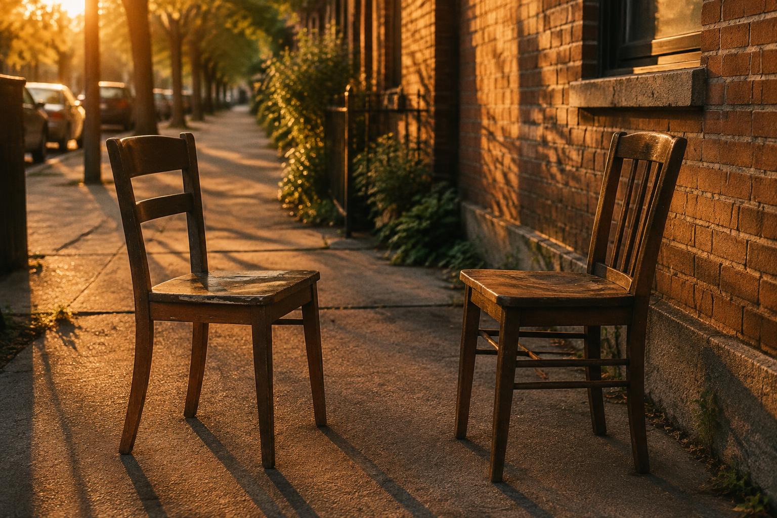 Two chairs facing each other on a sidewalk